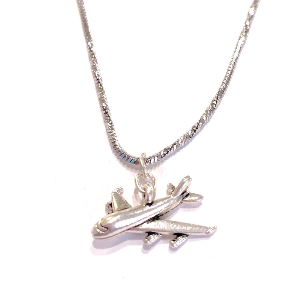 Airplane Necklace Silver Tone Flight Attendant Travel